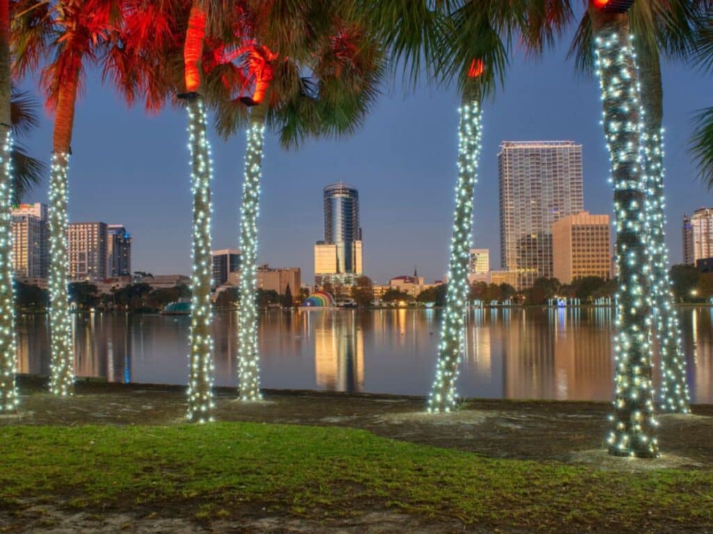 Early Morning Lake Eola Park During the Christmas Holiday Season in Downtown Orlando Florida USA
