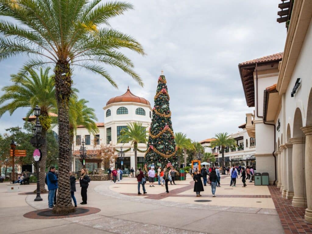 Palm tree pedestrian walkway at Disney Springs For Christmas in Orlando
